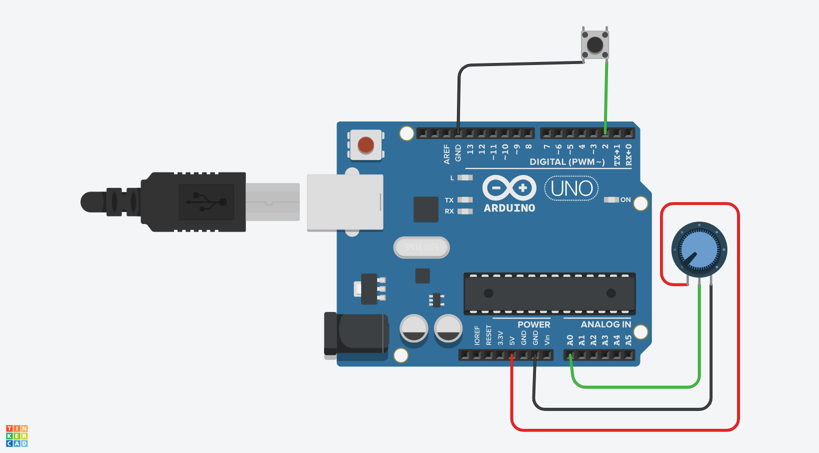 arduino uno along with a button and potentiometer